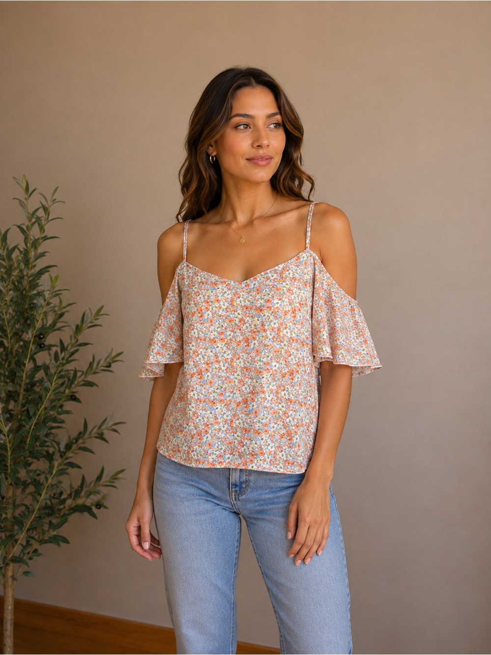 553. Floral Cold Shoulder Flutter Sleeve Blouse